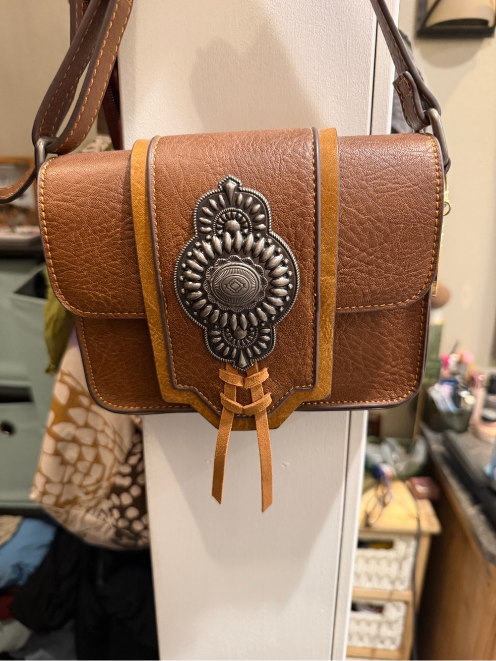Justin’s Brown Leather Crossbody Bag with Silver Concho Accent